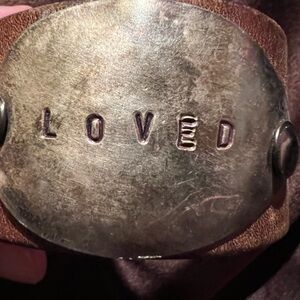 GAP Brown & Silver Leather Cuff Bracelet 'LOVED' Metal Plate, Adjustable Snap